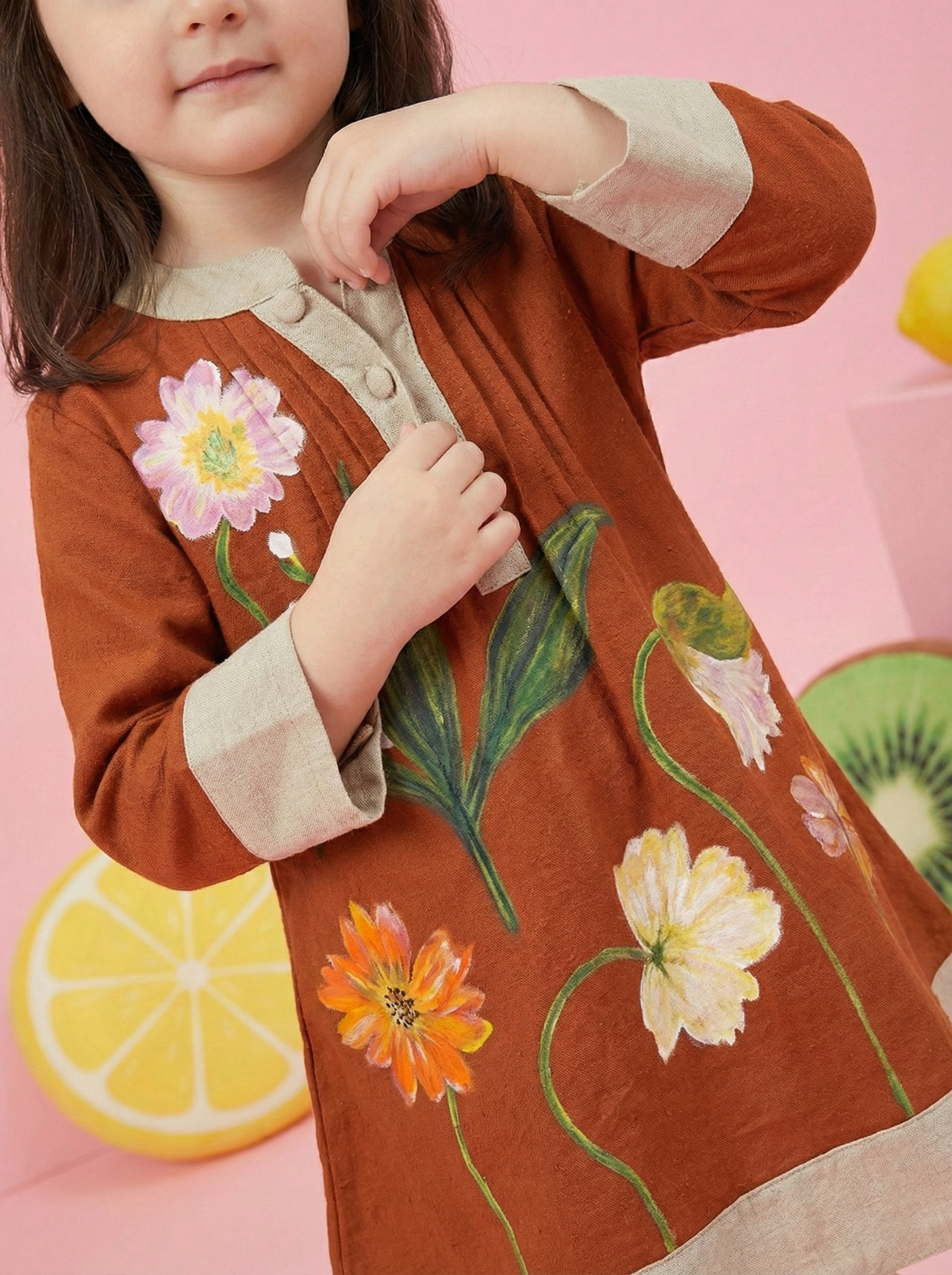 Girls Rust Brown Floral Printed Full Sleeve A-Line Dress with Beige Contrast Detailing