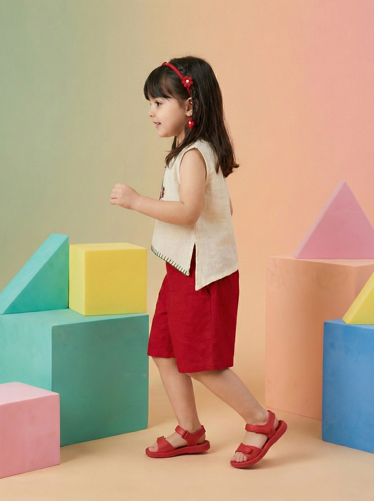 Girls Ivory White Floral Embroidered Sleeveless Top with Red Wide-Leg Shorts Co-Ord Set