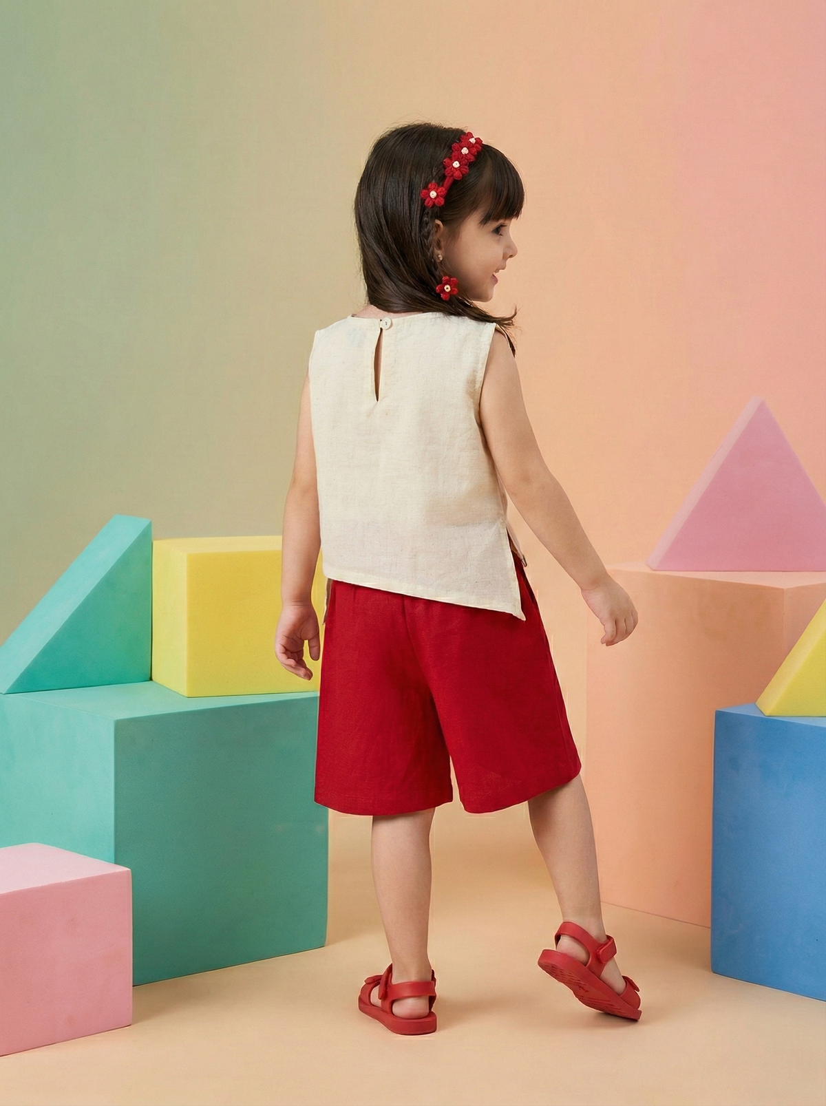 Girls Ivory White Floral Embroidered Sleeveless Top with Red Wide-Leg Shorts Co-Ord Set
