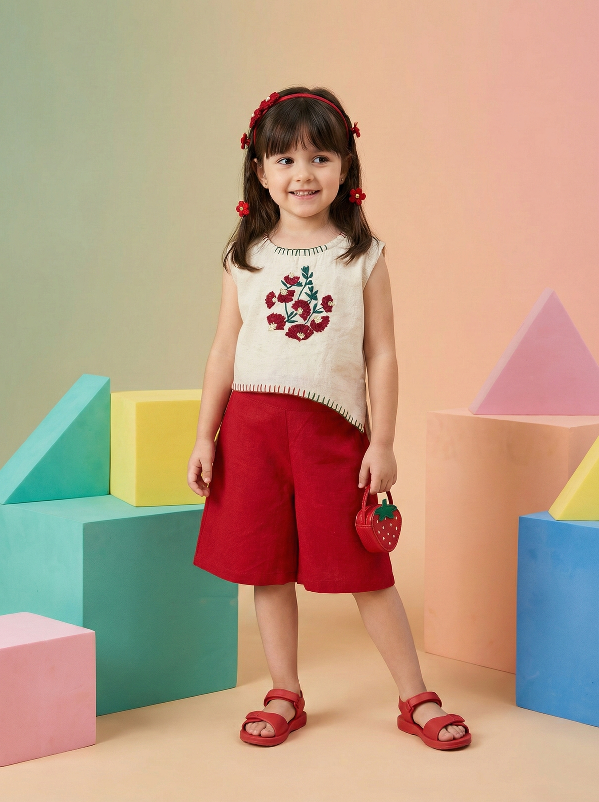 Girls Ivory White Floral Embroidered Sleeveless Top with Red Wide-Leg Shorts Co-Ord Set