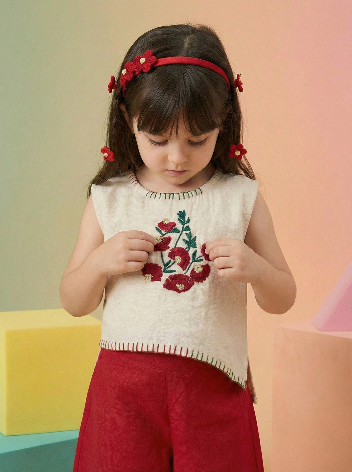 Girls Ivory White Floral Embroidered Sleeveless Top with Red Wide-Leg Shorts Co-Ord Set