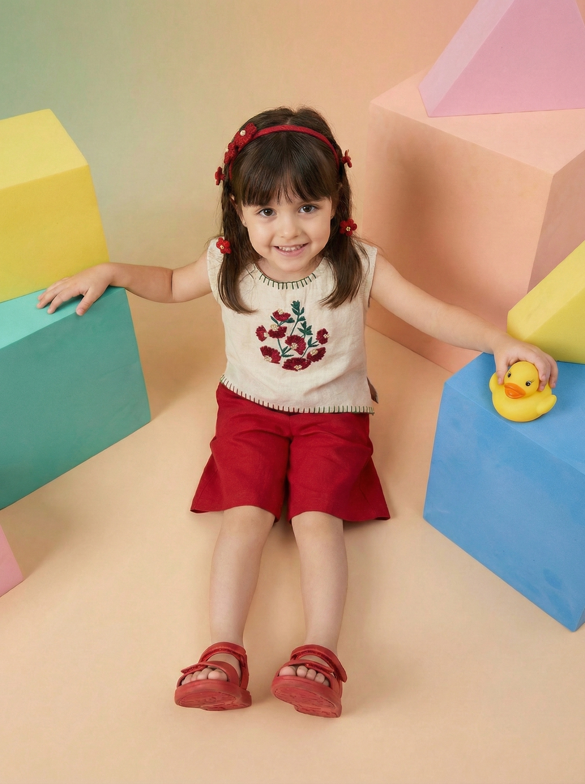 Girls Ivory White Floral Embroidered Sleeveless Top with Red Wide-Leg Shorts Co-Ord Set