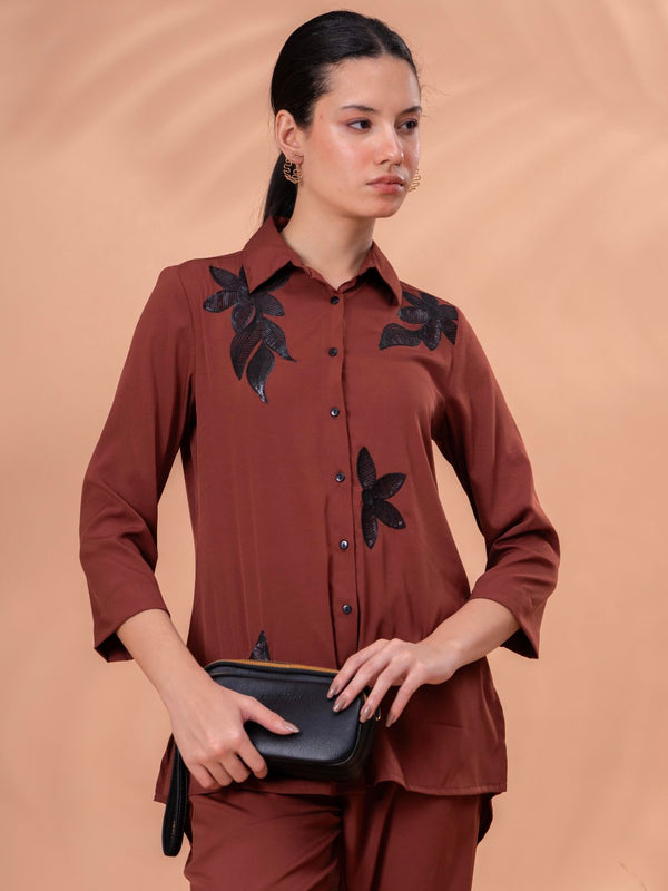 Elegant Brown Co-ord with Black Leaf Artwork