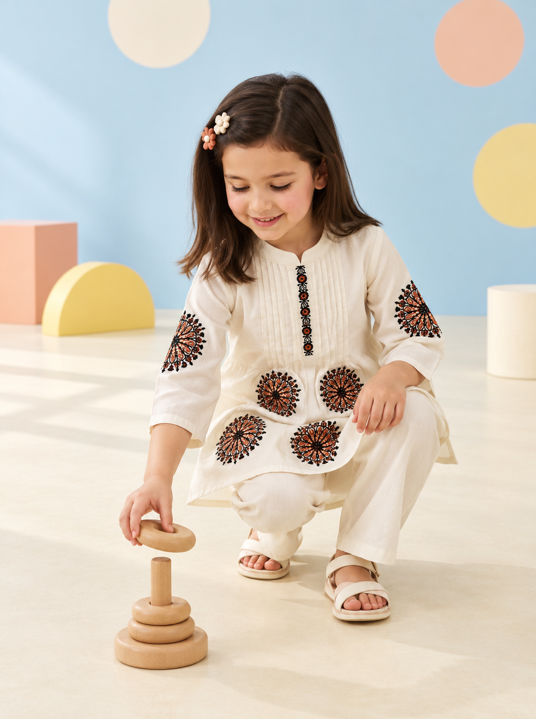 Girls’ Ivory White Embroidered Kurta Pant Set with Black and Rust Floral Designs