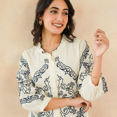 Chic Off-White & Blue Embroidered Rayon Co-ord Set