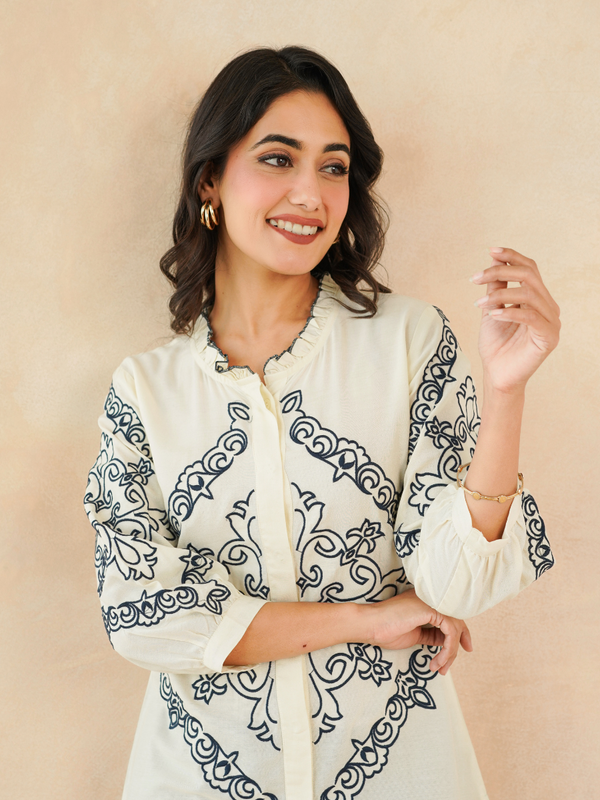 Chic Off-White & Blue Embroidered Rayon Co-ord Set