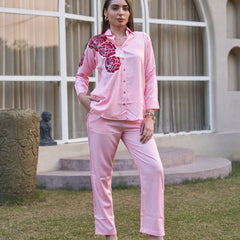 Rosette Bloom Hand-Painted Pink Tencel Luxe Co-ord Set