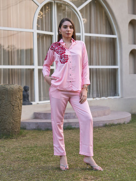 Rosette Bloom Hand-Painted Pink Tencel Luxe Co-ord Set