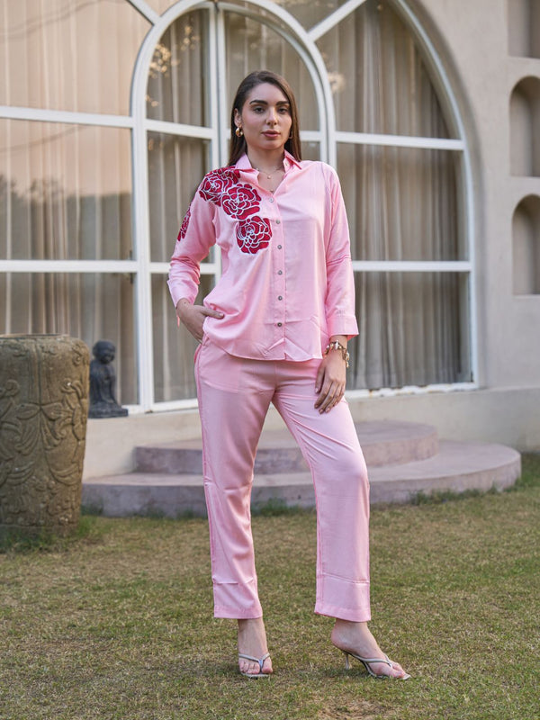 Rosette Bloom Hand-Painted Pink Tencel Luxe Co-ord Set