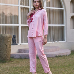 Rosette Bloom Hand-Painted Pink Tencel Luxe Co-ord Set