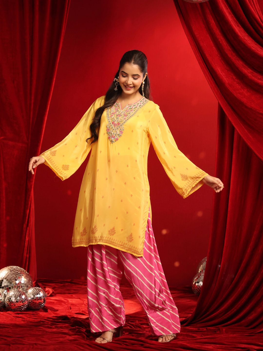 Yellow Fuchsia Crepe Embroidered Kurta with Farshi Salwar Set