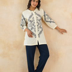 Chic Off-White & Blue Embroidered Rayon Co-ord Set