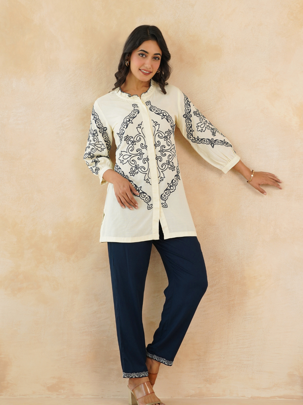 Chic Off-White & Blue Embroidered Rayon Co-ord Set
