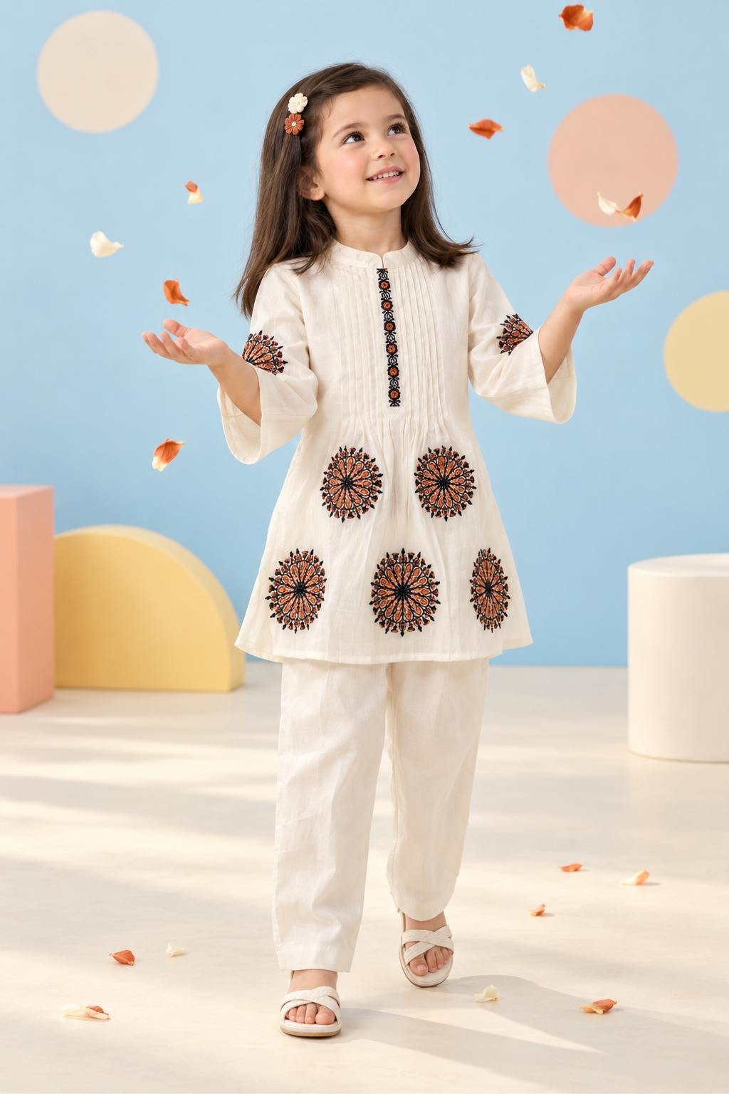 Girls’ Ivory White Embroidered Kurta Pant Set with Black and Rust Floral Designs