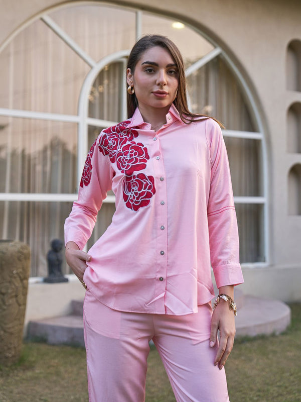 Rosette Bloom Hand-Painted Pink Tencel Luxe Co-ord Set