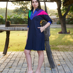 Navy Spectrum Hand-Painted Cotton Collared Midi Dress