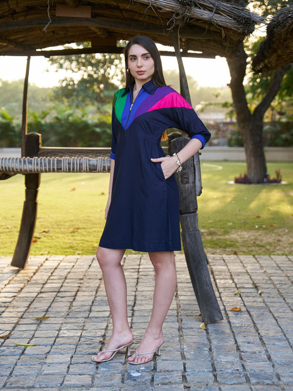 Navy Spectrum Hand-Painted Cotton Collared Midi Dress