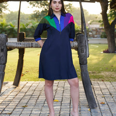 Navy Spectrum Hand-Painted Cotton Collared Midi Dress