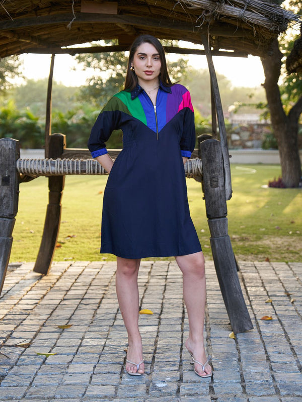 Navy Spectrum Hand-Painted Cotton Collared Midi Dress