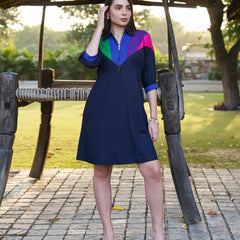 Navy Spectrum Hand-Painted Cotton Collared Midi Dress