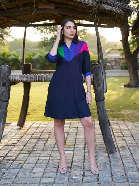 Navy Spectrum Hand-Painted Cotton Collared Midi Dress