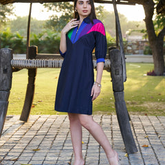 Navy Spectrum Hand-Painted Cotton Collared Midi Dress