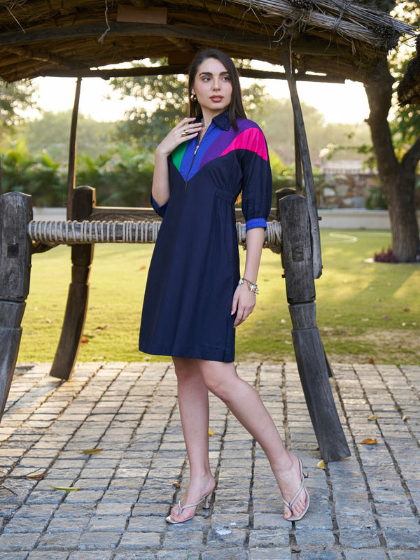 Navy Spectrum Hand-Painted Cotton Collared Midi Dress