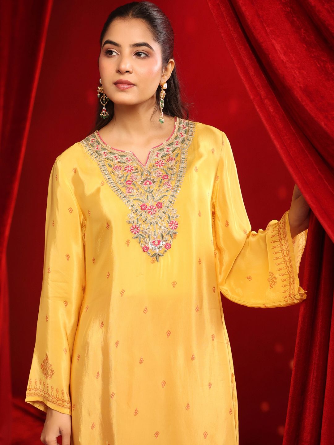 Yellow Fuchsia Crepe Embroidered Kurta with Farshi Salwar Set