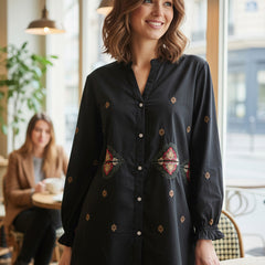 Black Embroidered Mandarin-Collar Shirt with Geometric Pattern
