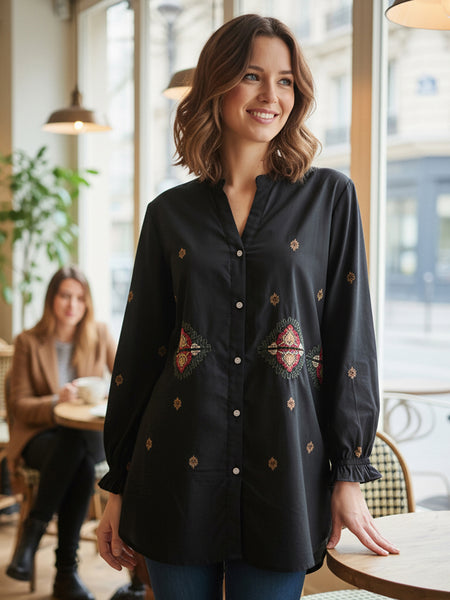 Black Embroidered Mandarin-Collar Shirt with Geometric Pattern