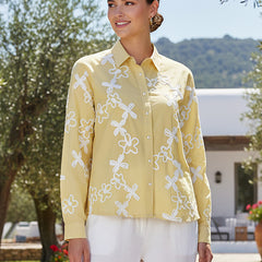 Yellow Cotton Embroidered Waist-Length Shirt with Collar Neck