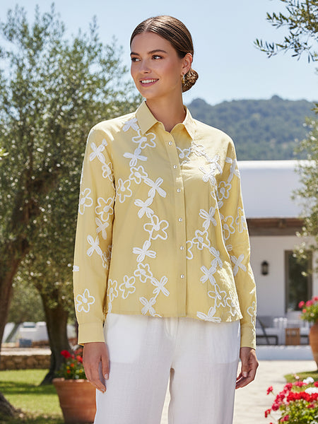 Yellow Cotton Embroidered Waist-Length Shirt with Collar Neck