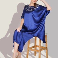 Blue Satin Sequin Work Kaftan Co-ord Set