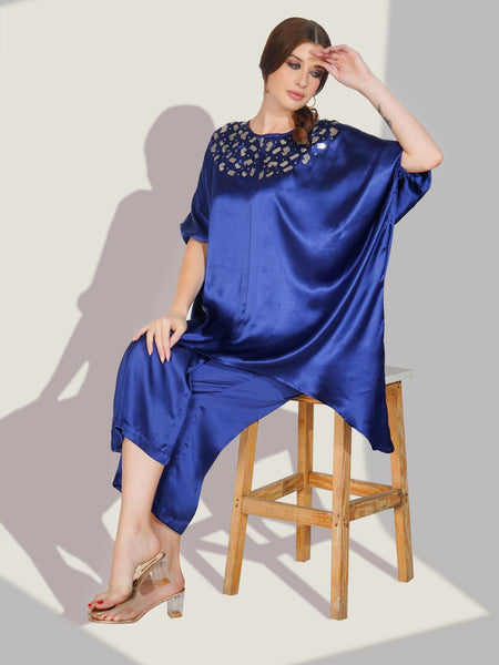 Blue Satin Sequin Work Kaftan Co-ord Set