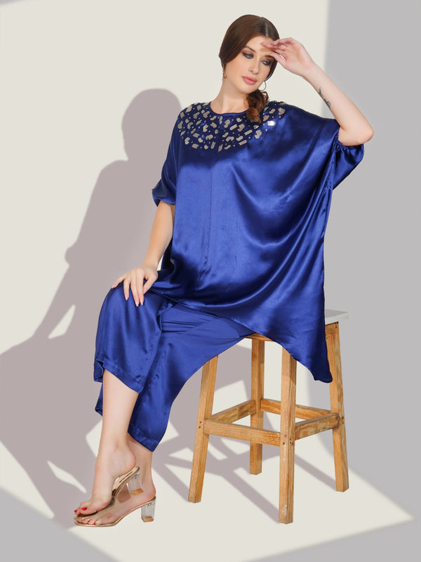Blue Satin Sequin Work Kaftan Co-ord Set