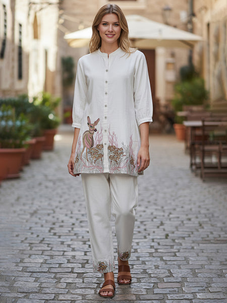 Beige Forest Harmony Embroidered Cotton Co-ord Set