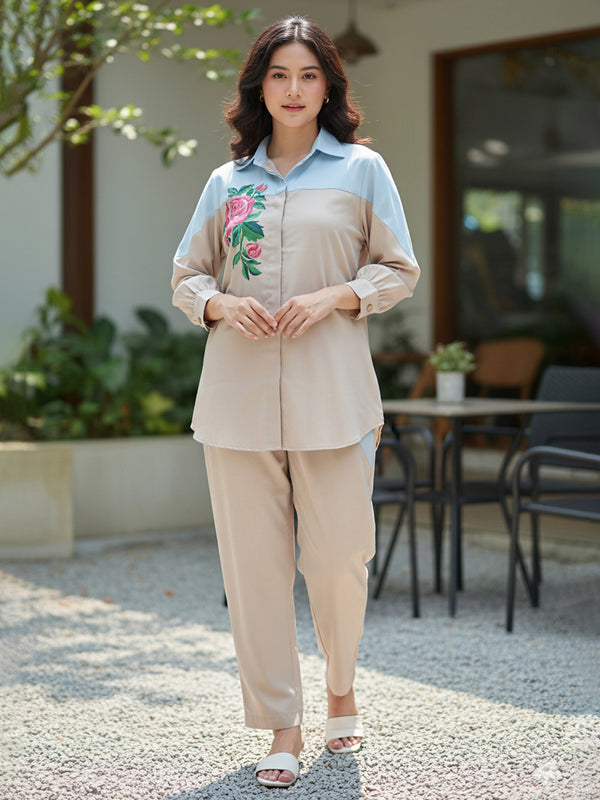 Women’s Cream Embroidered Crop Top Co-ord Set