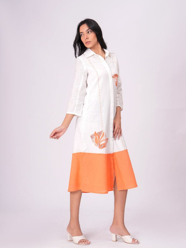 Airy Cotton Linen White Embroidered Midi Dress