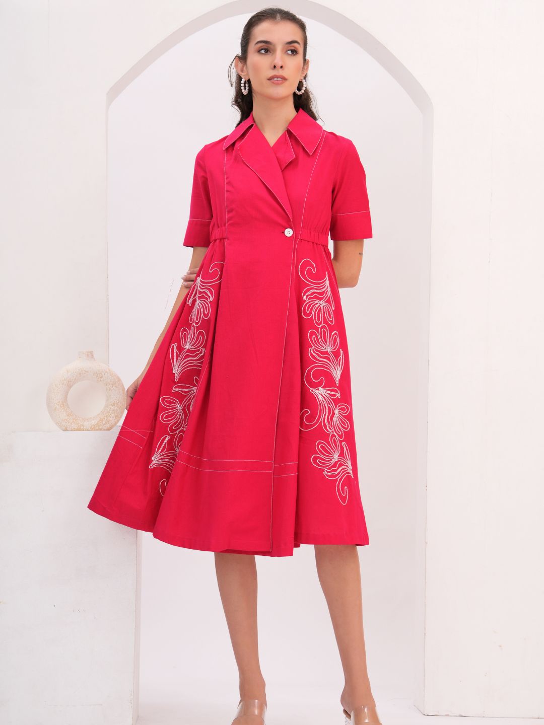 Fuchsia Pink Embroidered Flared Midi Dress with Lapel Collar