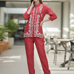 Floral Threadwork Maroon Co-ord Set