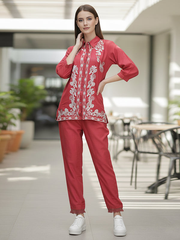 Floral Threadwork Maroon Co-ord Set