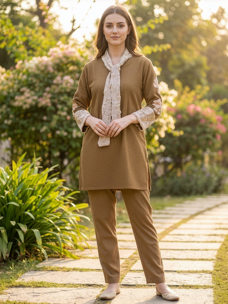 Classic Brown Woolen Embroidered Co-ord Set with Muffler