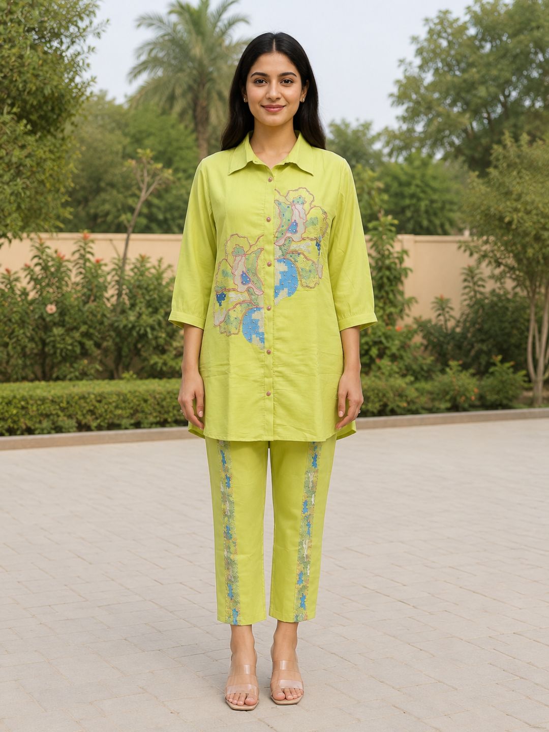 Lime Green Printed Kurta Trouser Co-Ord Set