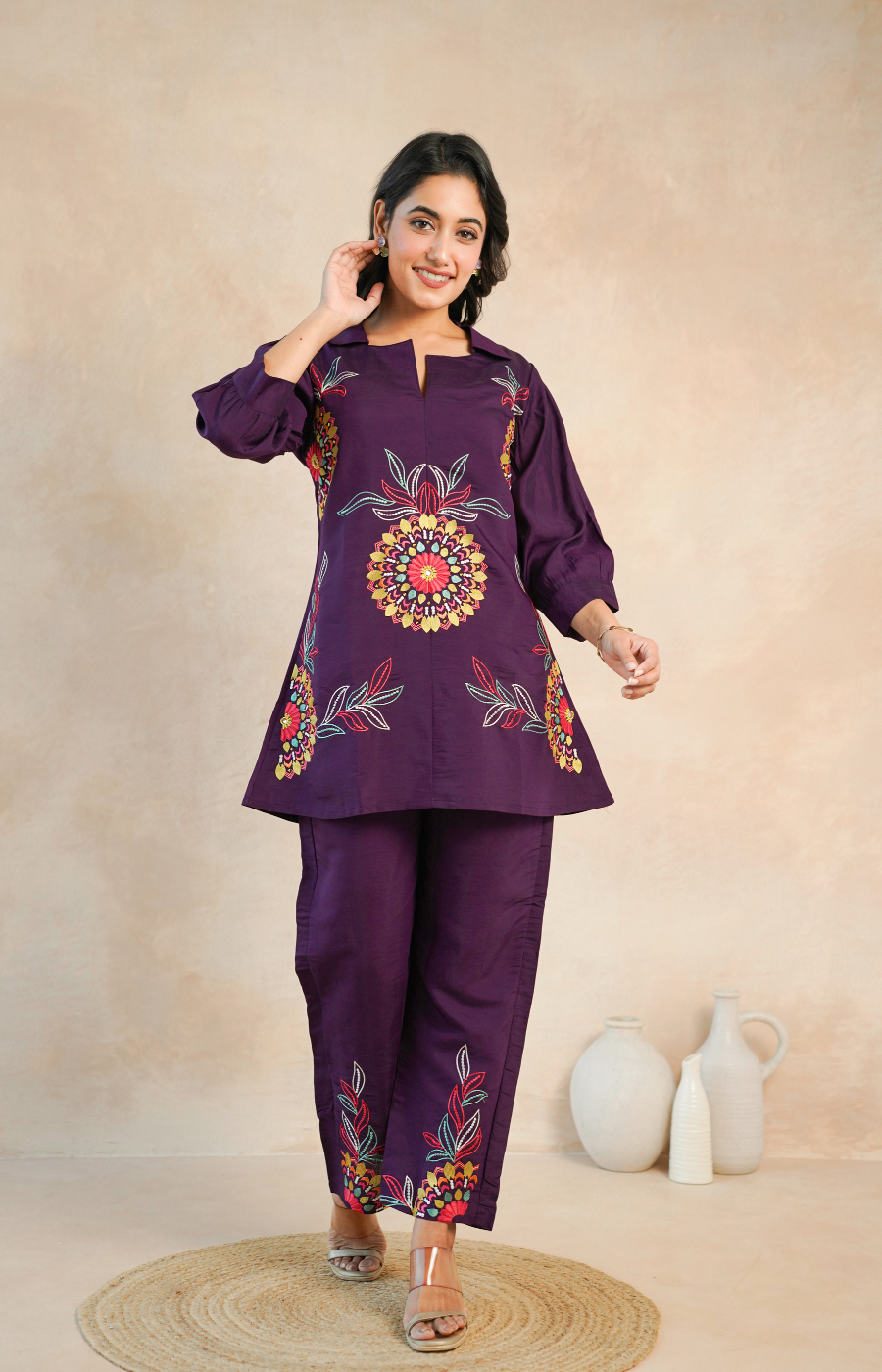 Graceful Purple Floral Embroidered Kurta with Pants