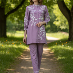 Designer Purple Kurta & Pant Set with White Threadwork