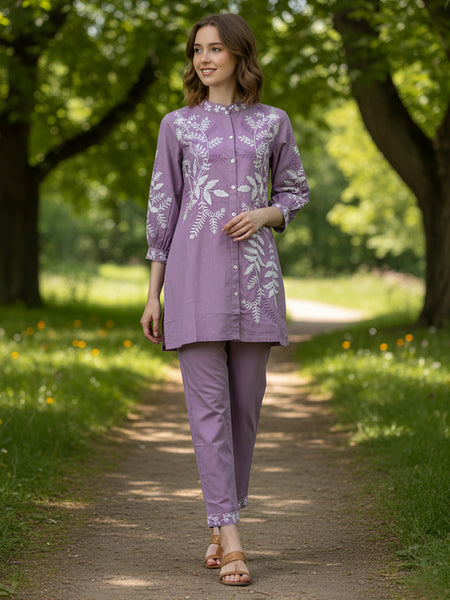Designer Purple Kurta & Pant Set with White Threadwork