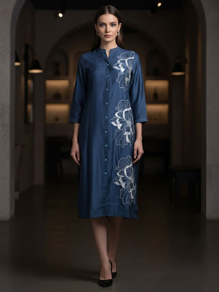 Navy Blue Embroidered Viscose Midi Dress