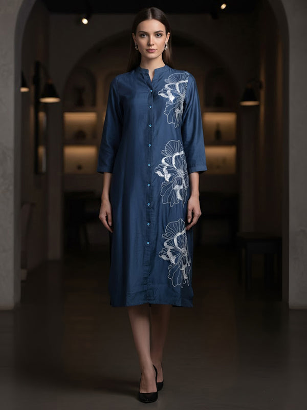 Navy Blue Embroidered Viscose Midi Dress