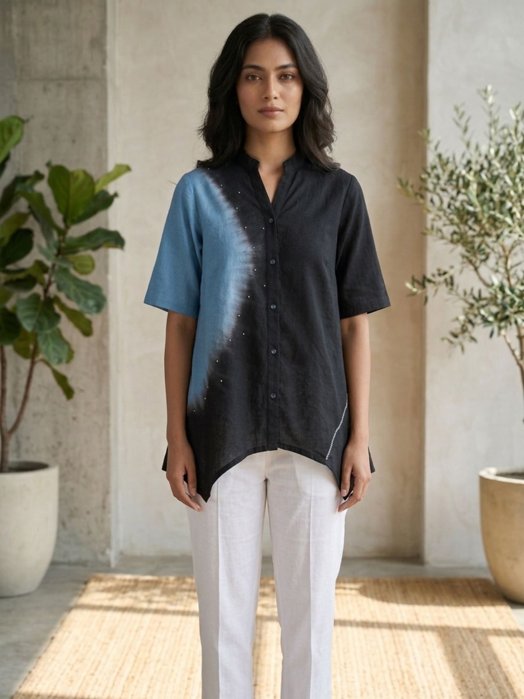 Stylish Ombre Dyed High-Low Tunic Top with Mandarin Collar & Short Sleeves
