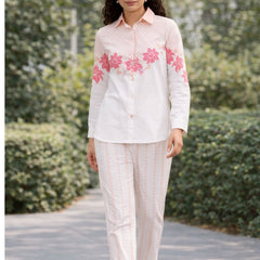 Women Stylish Printed White Shirt And Pants Set